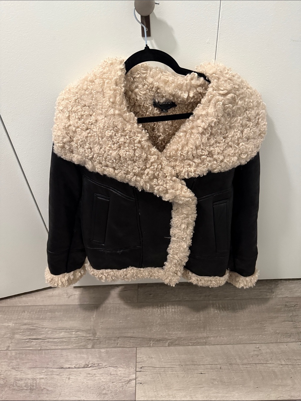 Lamarque Black Jacket with Cream Curly Shearling Trim